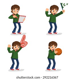 Set of boy with various sport stuff.  Vector illustration
