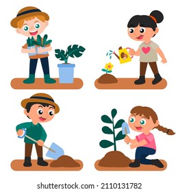 Set of boy wear casual wear with plant and tools character design. Presentation in various action with emotions, digging soil, watering plants, planting trees. Graphic resource for graphic designer