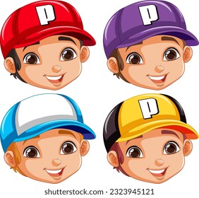 Set of boy wearing baseball hat illustration