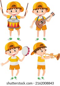 Set of boy wearing cap playing music instrument illustration