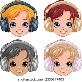 Set of boy wearing headset head smiling illustration