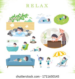 A set of boy wearing mask about relaxing.There are actions such as vacation and stress relief.It's vector art so it's easy to edit.