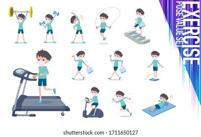 A set of boy wearing mask on exercise and sports.There are various actions to move the body healthy.It's vector art so it's easy to edit.