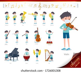 A set of boy wearing mask on classical music performances.There are actions to play various instruments such as string instruments and wind instruments.It's vector art so it's easy to edit.