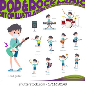 A set of boy wearing mask playing rock 'n' roll and pop music.There are also various instruments such as ukulele and tambourine.It's vector art so it's easy to edit.