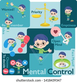 A set of boy who control emotions.A variety of image illustrations expressing self emotion.It's vector art so it's easy to edit.
