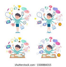 A set of boy who perform multitasking in the school.There are things to do smoothly and a pattern that is in a panic.It's vector art so it's easy to edit.
