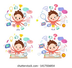 A set of boy who perform multitasking.There are things to do smoothly and a pattern that is in a panic.It's vector art so it's easy to edit.
