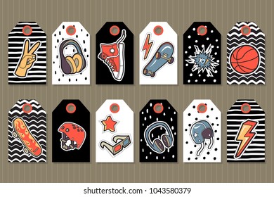 Set of boyl's tags with cute stickers . Vector patches