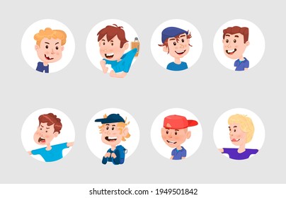 Set of boys avatars cute characters flat style.
