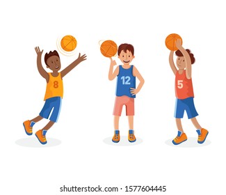 Set of boys basketball player with ball. A small child playing basketball. Colorful cartoon illustration in flat vector. Children's sport. Sports team games. healthy lifestyle. 