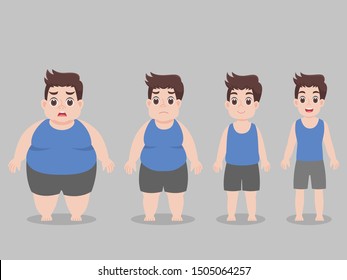 Set of boys character a sad Big Fat Man become happy Healthy man, lose weight, diet unhealthy and healthy cartoon, Lifestyle Healthcare concept character pose front flat vector design.