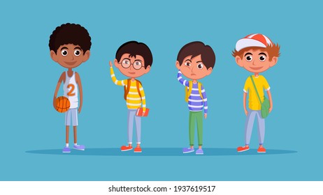 Set of boys from different ethnic groups. A group of schoolchildren.
