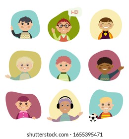 A set of boys in different situations. In each window, children and boys talk, smile, wave their hands, play, sing, and listen to music. Flat style vector illustration