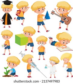 Set of boys doing activitys on white  background illustration