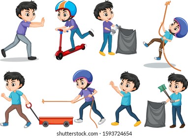 Set of boys doing different actions illustration