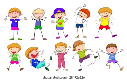 Set of boys doing different actions on white background