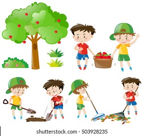 Set of boys doing farm work illustration