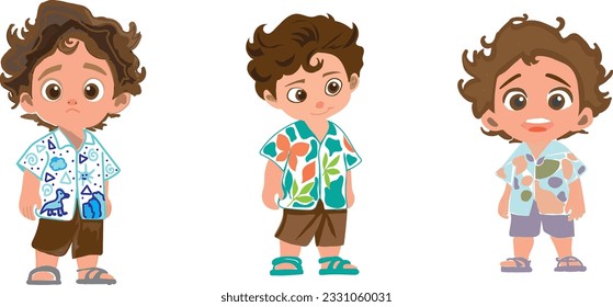 set boys with emotions, boys grumpy, laughing and shy. boys in cartoon style. boys with brown curly hair in colorful shirts, shorts and sandals. Illustration for decoration,childrens book, copy book  