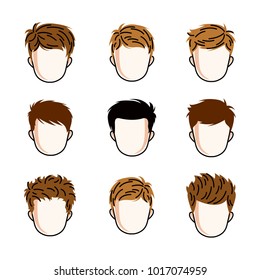Set of boys faces, human heads. Different vector characters like redhead and brunet toddlers, cute teenagers collection.