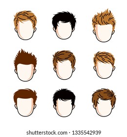 Set of boys faces, human heads. Different vector characters like redhead and brunet, cute teenagers collection.