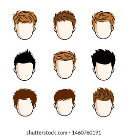 Set of boys faces, human heads. Different vector characters like redhead and brunet, cute teenagers collection.