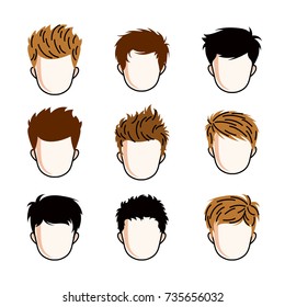 Set of boys faces, human heads. Different vector characters like redhead and brunet toddlers, cute teenagers collection.