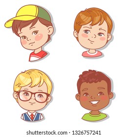 Set with boy's faces. Userpics for blog. Avatar collection of boy faces. Vector illustration of different  kids  portraits in circle. Various color of hair, eyes, skin, nation. Vector illustration.