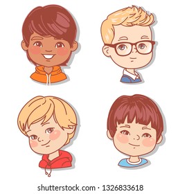 Set With Boy's Faces. Userpics For Blog. Avatar Collection Of Boy Faces. Vector Illustration Of Different  Kids  Portraits In Circle. Various Color Of Hair, Eyes, Skin, Nation. Vector Illustration.