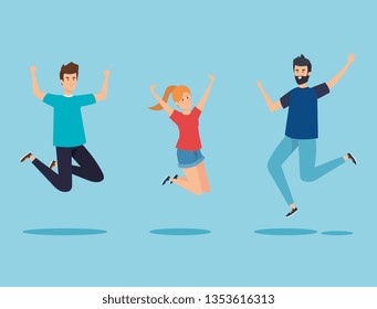set boys and girl jumping with hands up