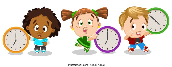 Set With Boys And Girl Standing Next To Or Holding Clocks. Multiracial Kids Learning To Read Time. Control Of Timetable, Schedule For Little Children. Vector Cartoon Illustration Isolated On White.