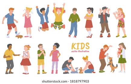 Set of boys and girls cartoon characters with bad and good behavior, flat vector illustration isolated on white background. Bully and polite children manners.