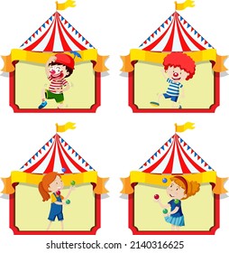 Set of boys and girls with circus tent background illustration