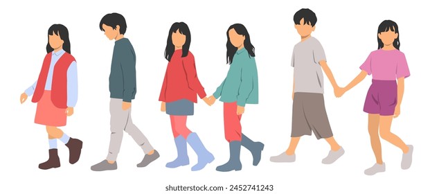  Set of boys and a girls, different colors, cartoon character, group of silhouettes of walking shildren, people, design concept of flat icon, isolated on white background