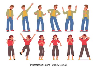 Set of Boys and Girls Different Emotions, Kids Teenagers Facial Expressions, Sadness, Happiness, Angry, Confident and Bored Feelings. Isolated Children Characters. Cartoon People Vector Illustration