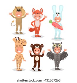 Set boys and girls dressed in animal costumes for the masquerade. Costume lion, fox, rabbit, giraffe, bear, owl. Vector illustration of a flat design