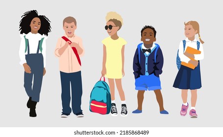 Conjunto de niños y niñas que van a la escuela primaria o secundaria ilustraciones vectoriales con mochila o bolsa. Felices alumnos. Colección de niños de diferentes razas y nacionalidades.