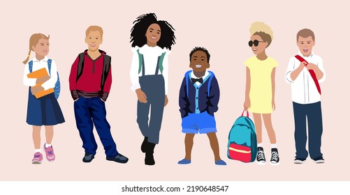 Conjunto de niños y niñas que van a la escuela primaria o secundaria ilustraciones vectoriales con mochila o bolsa. Felices alumnos. Colección de niños de diferentes razas y nacionalidades.