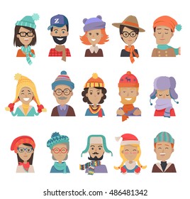 Set Of Boys And Girls In Hats. Collection Of Hats For All Seasons. Man And Woman In Winter Hat Isolated. Fashion Ladies Hat Accessory Clothing Wear. Elegant Warm Bonnets. Retro Vintage Hats. Vector