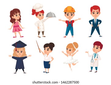 Set of boys and girls kid wearing costumes of different professions cartoon character design flat vector illustration isolated on white background