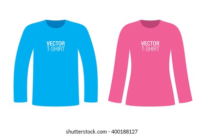 Set of boys and girls long sleeve T-shirt templates. Blue and pink vector T-shirts, isolated on background.