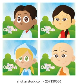 a set of boys and girls on landscapes with text