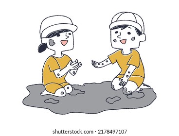 A set of boys and girls playing mud play and children spending time with them