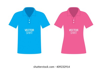 Set of boys and girls polo shirt templates. Blue and pink vector classic shirts, isolated on background.