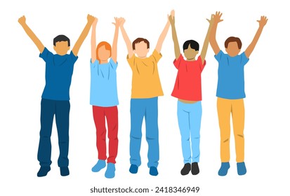  Set of boys and girls , profile, hands up,different colors, cartoon character, group of silhouettes of standing  people, teenagers, design concept of flat icon, isolated on white background