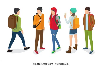 Set of boys and girls with rucksacks back front and side view set of vector illustrations. Students and college guys cartoon characters isolated on white