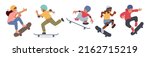 Set of Boys and Girls Skateboarding Activity. Children Skating on Longboard, Jump and Make Stunts and Tricks. Skater Freedom Lifestyle. Urban City Skateboard Sport. Cartoon People Vector Illustration