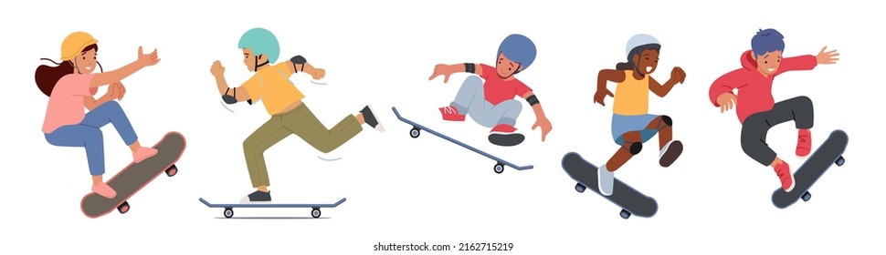 Conjunto de actividades de patinaje para niños y niñas. Patinaje para niños en Longboard, Salte y Hacer Tonos y Trucos. Estilo de vida de la libertad de patinaje. Deporte en Skateboard de Ciudad Urbana. Ilustración de vectores de personas de caricatura