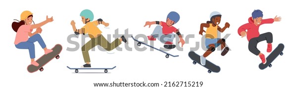Set of Boys and Girls Skateboarding
Activity. Children Skating on Longboard, Jump and Make Stunts and
Tricks. Skater Freedom Lifestyle. Urban City Skateboard Sport.
Cartoon People Vector
Illustration