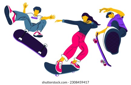 A set of boys and girls for skateboarding. Teenagers ride a longboard, jump and perform tricks. The free lifestyle of a figure skater. Urban skateboard sports. Vector illustration of cartoon people